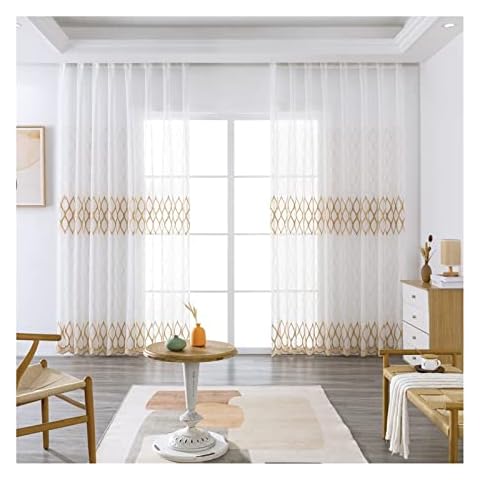 Daesar Decorative Curtain for Living Room 2 Panels, Sheer Voile Bedroom Curtains Eyelet Polyester Brown White Transparent Geometric Wave Window Treatment Curtains 52" W x 54" L Cover