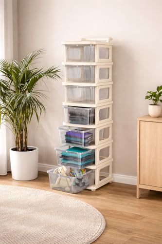 Image of KITCHIVO Heavy Duty Plastic Storage Drawer with Wheels | Modular Cabinet for Bedroom, Office, Home or Classroom| Chest of Drawers Organiser for Cosmetics, Kitchen items, Toys (White, 7)