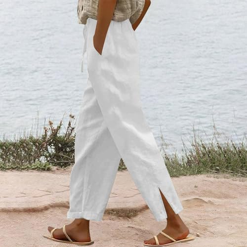 Cotton Linen Pants for Women 2025 Summer Gauze Drawstring High Waisted Wide Leg Trousers Beach Vacation Clothes2