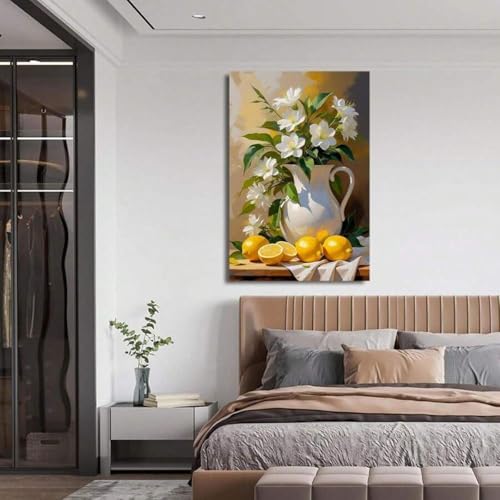 Vase de fleurs blanches toile 60x80 cm pour masquer un mur vide