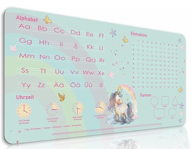 Vade de Escritorio para Niños, 80 x 40 cm Alfombrilla de Escritorio para Niña, Alfombra de Escritorio Impermeable, Diseño de Unicornio, ABC, 1 x 1, Forma de Horas, para la Escolarización