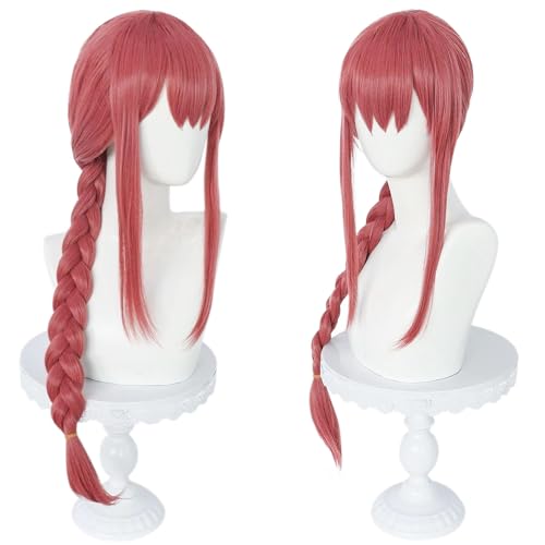 Braided Cosplay Wig for Women Long Red Pink Ponytail Wig with Bangs Pelucas Rojas Straight Pink Red Pigtail Wigs Long for Anime Halloween Costume Party + Hair Cap