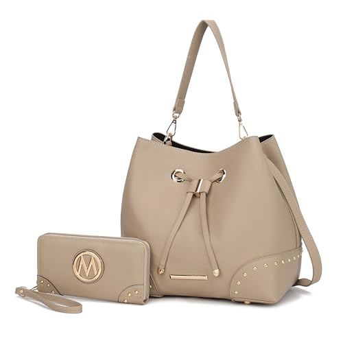 MKF Collection Bolsa feminina com carteira de pulso, bolsa Hobo de couro vegano, conjunto de bolsa tiracolo da Mia K, Callie bege liso, Large