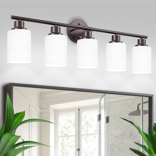 Image of 5-Light Bathroom Light Fixtures, Vanity Lights for Mirror with Textured Milky White Glass Shade, Modern Kitchen Light Fixtures Wall Sconce Light - E26 Base - Oil-Rubbed Bronze