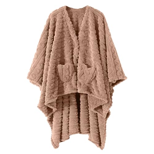 Wearable Blanket Poncho Cape Wrap for Adult Cozy Sherpa Fleece Pocketed Shawl TV Throw Blankets for Office and Lounge(Blush 58 x 64)