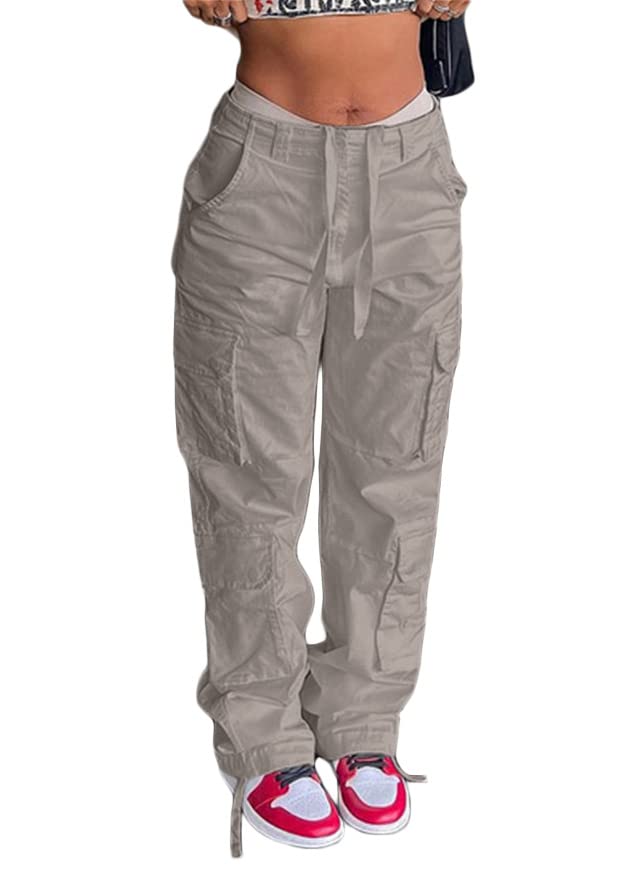 ORANDESIGNE Pantalon Cargo Femmes Y2K Pantalon Baggy Rétro Loose Denim Pantalon à Bretelles Multi-Poche Streetwear Jambes Larges Taille Haute Pantalon à Jambes Droites A Gris XS