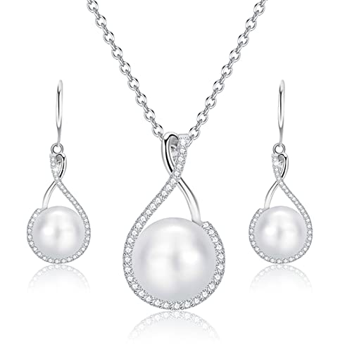 ankbrats Perlen Schmuck-Set mit Halskette und Ohrringe, Silber 925 AAA Zirkonia Schumck Set, Weiße Perlenkette und Süßwasser-Zuchtperlen Anhänger für Frauen Mädchen Cover