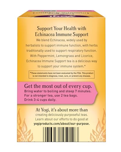 Yogi Echinacea Immune Support Organic Tea, Caffeine-Free, Vegan Friendly, Kosher, USDA Certified Organic, Non-GMO, 16 Tea Bags