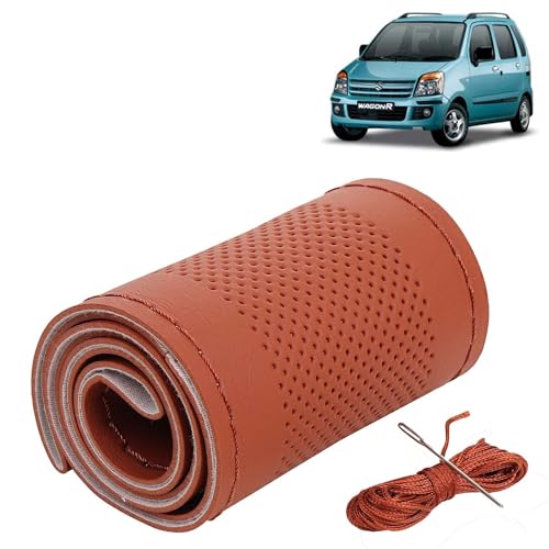 Image of KINGSWAY PU Leatherite Car Steering Cover Sewable Compatible with Maruti Suzuki Wagon R (Year 2003-2010), Tan Color with Tan Thread, Pack of 1 with Sewing Needle and Thread