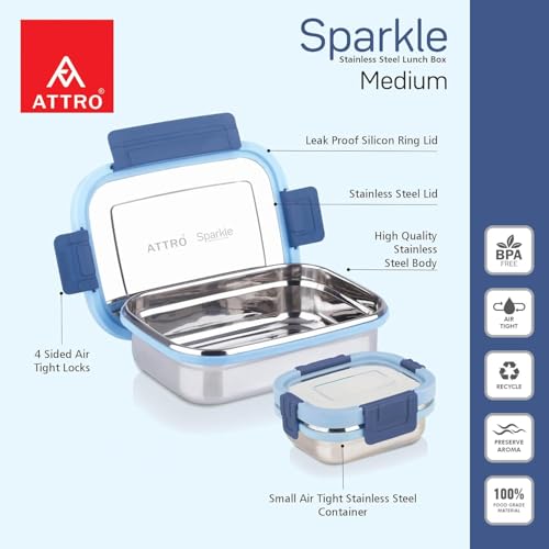 Image of ATTRO Sparkle Medium Stainless Steel Lunch Box 2-Piece Set - 800ml + 150ml - Leak-Proof, BPA-Free, Compact & Durable - Ideal for Kids, Office, Travel - Blue