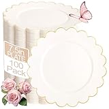 LIYH 100 Pcs Ivory Dessert Plates with Gold Rim- Ivory Plastic Plates 7.5