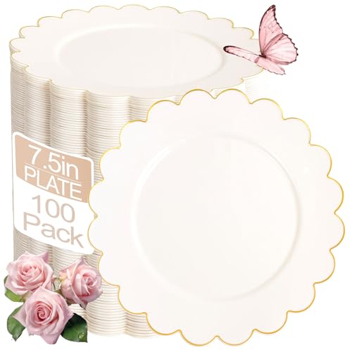 LIYH 100 Pcs Ivory Dessert Plates with Gold Rim- Ivory Plastic Plates 7.5" Disposable Scalloped Fancy Gold Plastic Plate,Baby Shower Cake Plate Party Suitable for Mothers Day