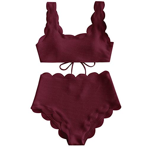 ZAFUL High Waisted Swimsuits for Women Scalloped Bikini Sets Back Lace-Up...