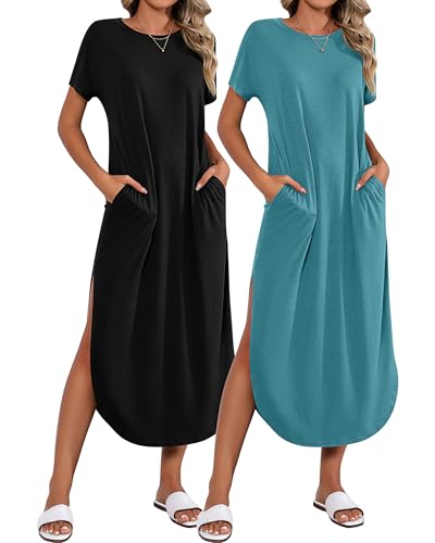 Image of Riyiper 2 Pieces Women's Short Sleeve Maxi Dress Round Neck Casual Loose Split Long Summer Beach Shirt Dress with Pockets