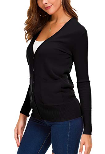 Women's Front Cardigan Button Down Knitted Sweater Coat With Pockets (L, Black) #TOP5