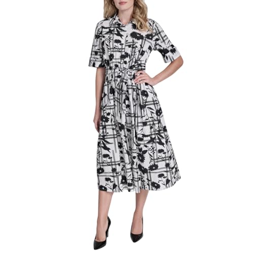 Image of DKNY Women's Short Sleeve Cotton Poplin Collared Midi Shirtdress
