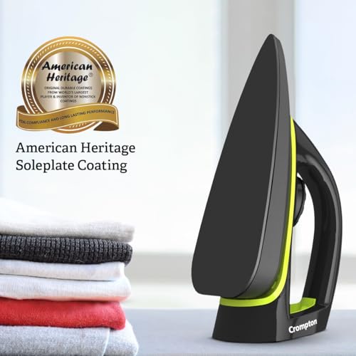 Image of Crompton Neoglide 1000 W Dry Iron with American Heritage Non-Stick Soleplate, Curved LargeSoleplate Design, 360 Swivel Cord, 6 Fabric Settings, 2 Year Warranty, Iron Press