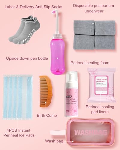 Postpartum Recovery Essentials Kit - Birth Comb,Peri Bottle,Disposable Postpartum Underwear,Perineal Healing Foam,Instant Ice Pads,Cooling Pad Liners,Socks,Wash Bag,Postpartum Kit Gift Set