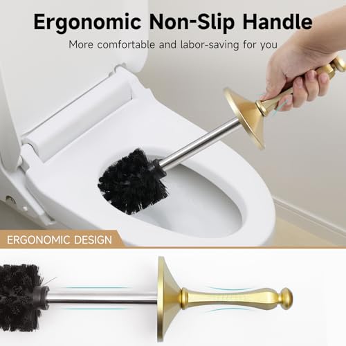 Image of Gold Toilet Brush and Holder,Extra Long Handled Toilet Brush for Bathroom,Stainless Steel Heavy Duty Toilet Bowl Brush,Deep Cleaning Modern Toilet Cleaner Brush -Space Saving, Covered Brush, Durable