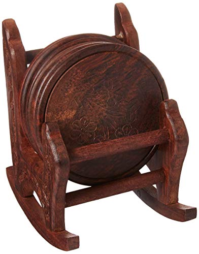 5 Inches Wood Drink Coasters Set with 6 Round Table Coasters and Brown Rocking Chair Coaster Holder