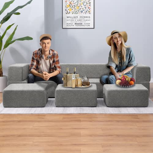 Balus Folding Bed Couch, Sleeper Foam Sofa Bed, Cushioned Foam Mattress Comfortable Sofa, Floor Couch Sleeper Sofa Foam With 3 Ottomans For Living Room/Bedroom/Guest Room/Home Office (Light Grey) #TOP5