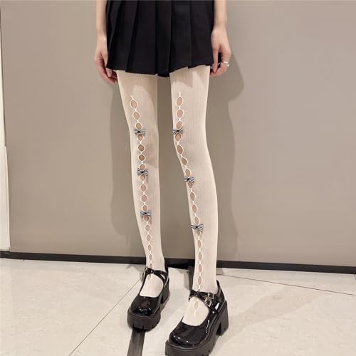 Image of SOLILOQUY Women's Lolita Pattern Tights Kawaii Velvet Bowtie Fishnet Stockings Leggings Mesh Pantyhose Hollow Out lace Socks