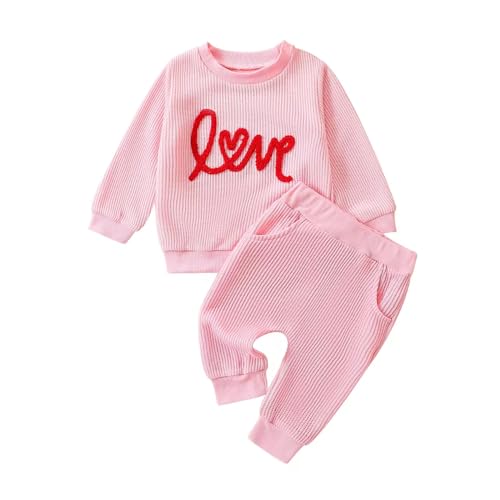 Image of Newborn Girl Boy Gender Neutral Baby Clothes Fall Winter Waffle Outfit Set Letter Sweatshirt Tops + Pants
