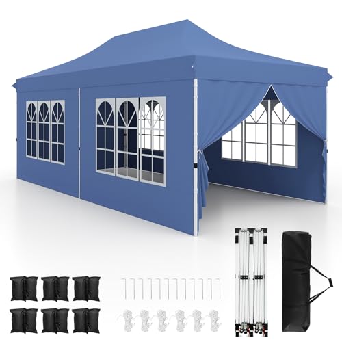 HOMASIS 3x6m Gazebo de Jardin,Tonnelle d'extérieur Pop Up Durable avec 6 Panneaux latéraux et fenêtres, 3 hauteurs réglables, Tente de Jardin pour Mariages, fêtes (Bleu)