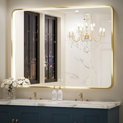 48X36 Inch LED Bathroom Mirror,Wall Mounted Lighted Vanity Mirrors with Non-Rusting Gold Metal Frame Anti-Fog Memory Funtion Stepless Dimmable(Horizontal/Vertical)