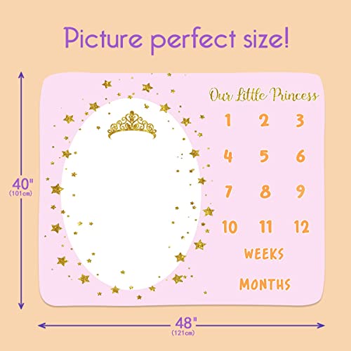 Image of Monthly Milestone Blanket for Baby Girl, 48 inchx40 inch Soft Flannel Pink Princess Memory Growth Blanket, Photography Backdrop Prop for Newborn Baby Shower, 1 to 12 Months Include Marks BTLSPH819