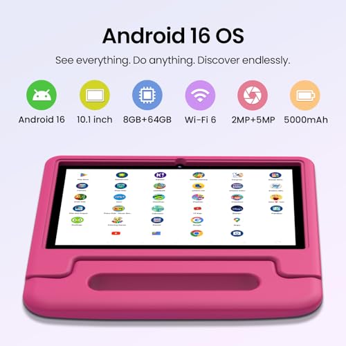 Image of ApoloSignage 2026 Android 16 Kids Tablet, 10 Inch HD Display, 8GB RAM, 64GB ROM (Expandable to 1TB), with Kids Space, Parental Controls, Long-Lasting Battery (Pink)