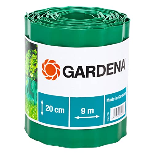 Gardena Raseneinfassung 20 cm hoch: Ideale Rasen-Abgrenzung, auch für Beete, 9 m, verhindert Wurzelausbreitung, hochwertiger Kunststoff, grün (540-20)