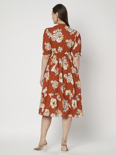 Image of PIDAVLIYA'S Women's Floral Summer Maxi Dress I Cotton Printed I One Piece Bodycon Midi Dress with V-Neck, Puffed Sleeves