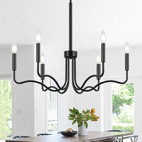 Alpory 6-Light Black Modern Chandelier,Farmhouse Rustic Iron Chandeliers Adjustable Height Farmhouse Pendant Light for Kitchen Island, Dining Room, Bedroom