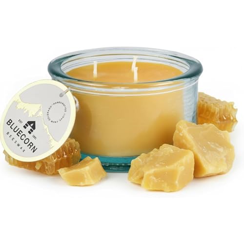 Bluecorn Beeswax 3-Wick Candle Raw Unscented 100% Pure Beeswax 10oz Hand-Blown Recycled Spanish Glass Non Toxic Clean Burning Refillable Glass Jar