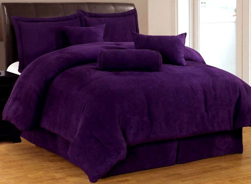 Grand Linen 7 Piece Solid Purple Micro Suede Comforter Set Full Bed in a Bag with Accent Pillows