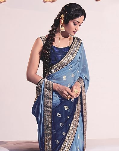 Image of SIRIL Women's Lace & Foil Printed Georgette Saree with Unstitched Blouse Piece(2826S479 Dark Blue, Sky Blue)
