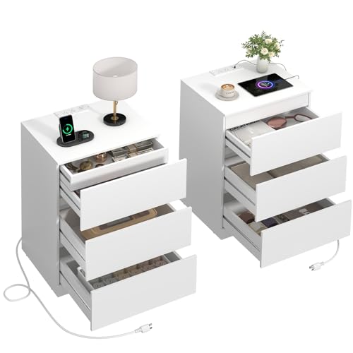 Nightstands Set of 2 with 4 Drawers Bedside Table with Hidden Drawer and Charging Station Modern Night Stand for Bedroom 18.9 W x 15.7 D x 26 H White