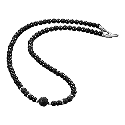 Catena per collana da uomo con perline | Collana di perline di onice occhio di tigre fatta a mano da uomo Collana di pietre preziose naturali Catena di gioielli in cristallo curativo (Nero/Lava)