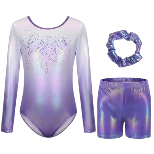 Dreiteilige Gymnastikanzug Mädchen Turnanzug Leotard Turnshorts und Haarband Set, Langarm Ballettröckchen Kleid Trikotanzug Gymnastik Outfit Set für 5-12 Jahre (Gradientes Violett, 130(9-10Jahre))