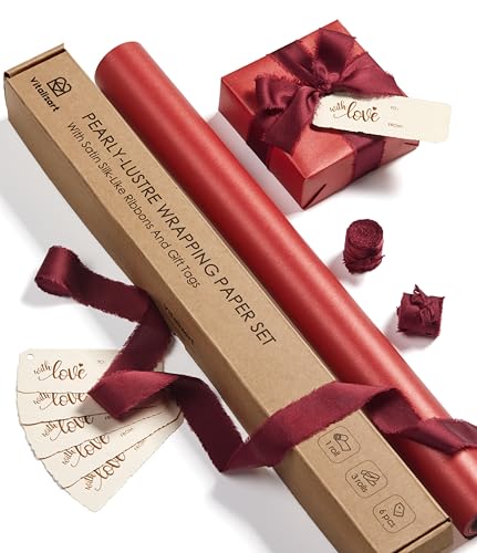 Vitalizart Red Wrapping Paper Set 17\" Pearly-Lustre With Silk Like Satin Ribbon & Gift Tags Recyclable Eco-Friendly Christmas Gift Wrapping Birthday Baby Shower Wedding Handmade Crafts 197\"(16.4 Ft)