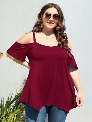 Image of LARACE Cold Shoulder Tops for Womens Summer Clothes Spaghetti Strape Tunic Oversized Shirts Asymmetrical Plus Size Blouse