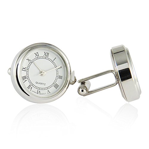Mancuernillas de reloj plateadas funcionales con caja miniatura 2