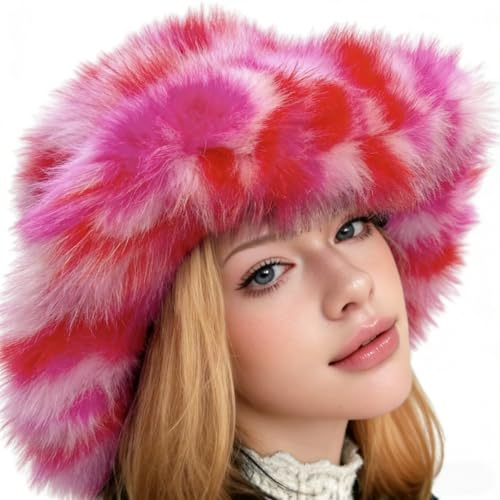 YFJNV Womens Luxury Shaggy Faux Fur Bucket Hat Winter Warm Plush Fisherman Cap for Cold Weather (Pink & Red Gradient)