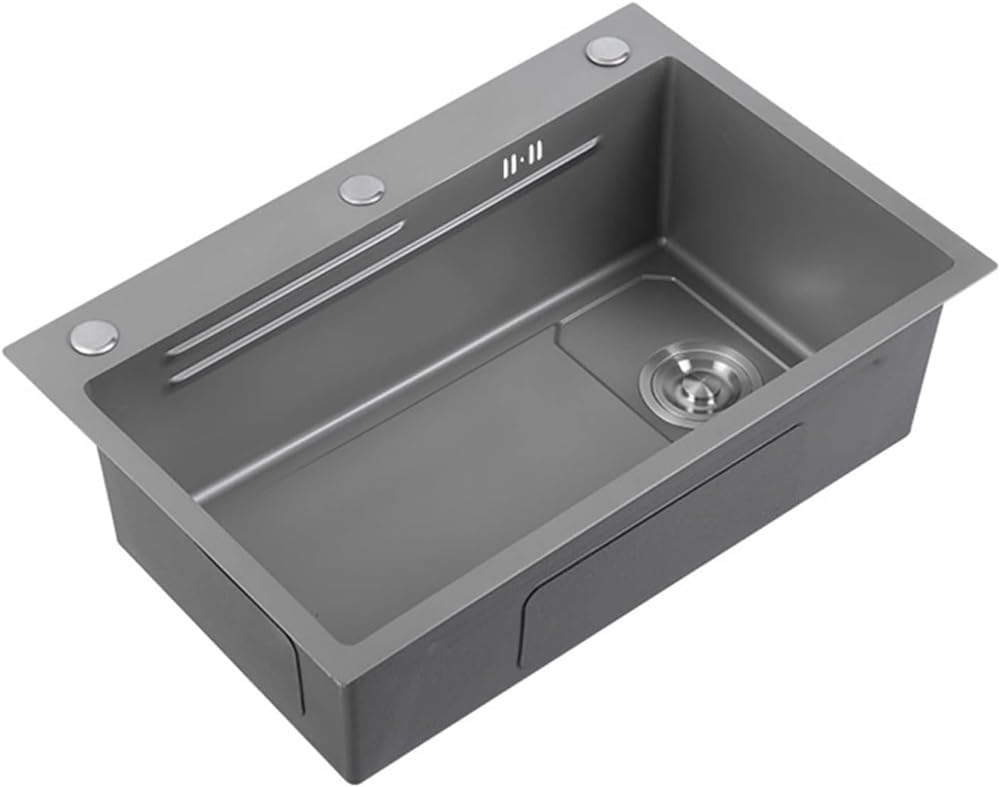 Évier de cuisine à une cuve en acier inoxydable gris pistolet encastré avec vidange