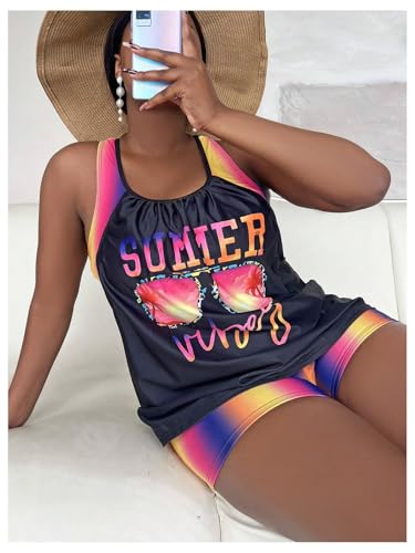 Verdusa Women's Plus Size 2 Piece Tropical Swimwear Modest Tankini Top with Beach Shorts Swimsuits Tummy Control4