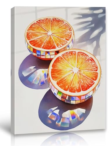 Orange Disco Ball Wall Art, Trendy Fruit Canvas Prints for Girls Bedroom