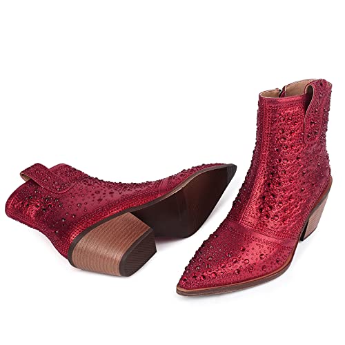 Isnom Red Rhinestone Boots Sparkly Boots For Women Glitter Boots For Women Rhinestone Cowboy Booties For Women Sequin Boots Red Boots For Women Sparkle Boots Rhinestone Cowboy Boots Bling Boots #TOP3