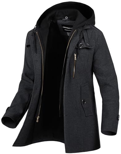 CREATMO US Men's Classic Pea Coat Wool Blend Trench Coat Windproof Business Overcoat With Detachable Hood2