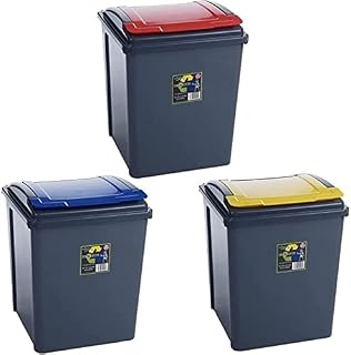 Pack of 3 Recycling Bins 50L 50 Litre Plastic Recycle Dust Bin Kitchen Garden (Red/Yellow/Blue)